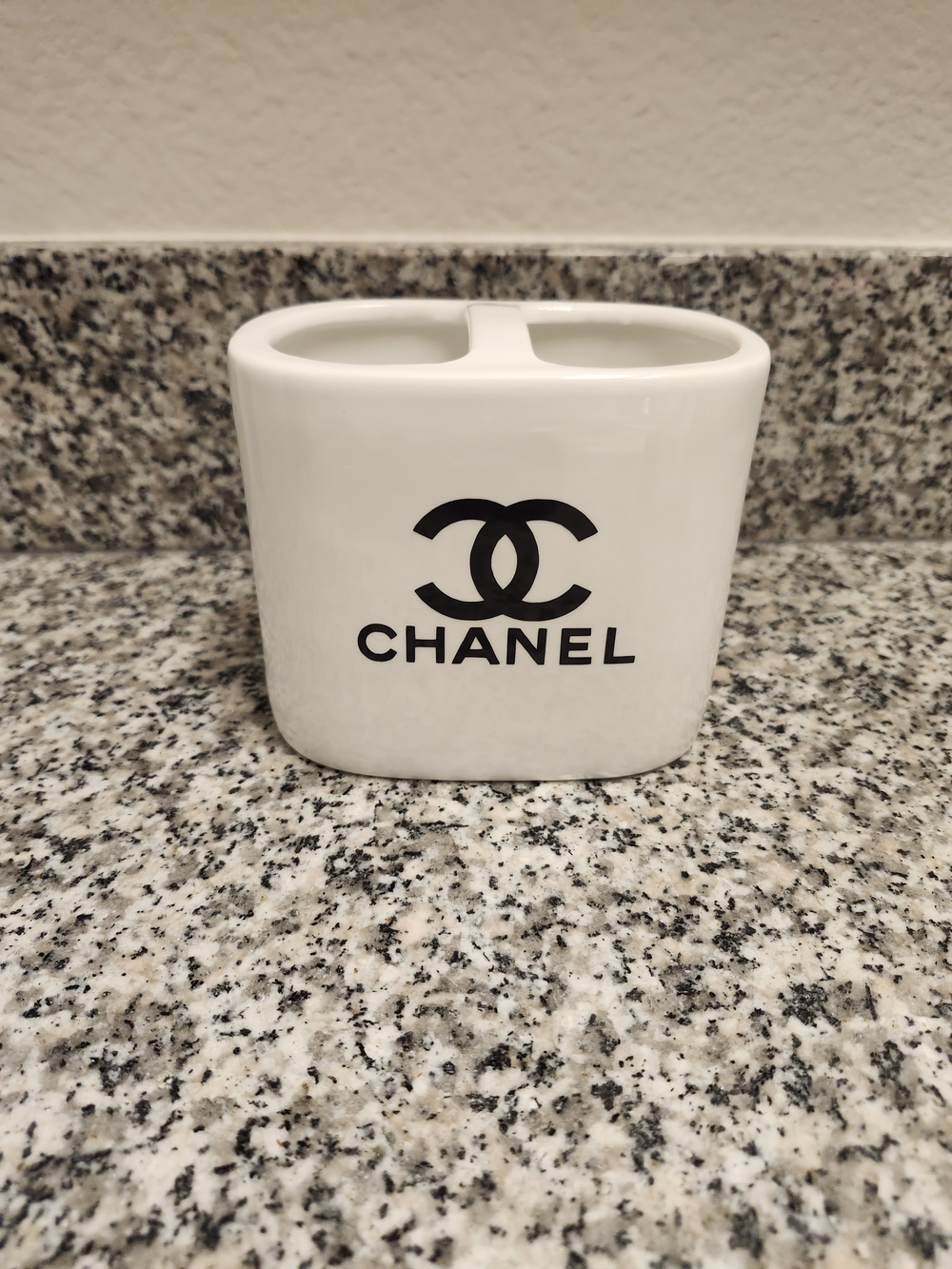 White Ceramic Vanity Organizer with Black Logo